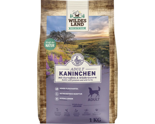 Hundefutter trocken Wildes Land Kaninchen mit Kartoffeln 1 kg Wildes Land Adult Kaninchen Trockenfutter für Hunde, 1 Kilogramm Packung