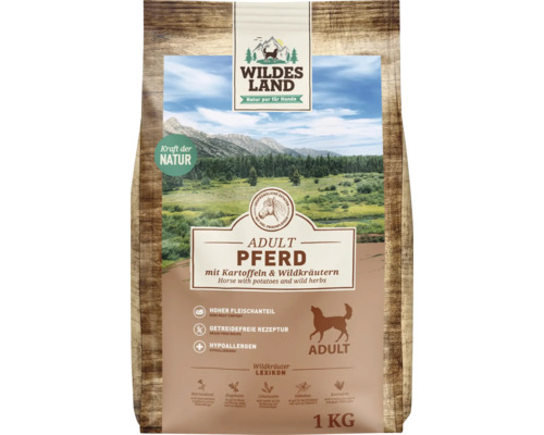 Hundefutter trocken Wildes Land Pferd mit Kartoffeln 1 kg Wildes Land Trockenfutter Adult Pferd mit Kartoffeln und Wildkräutern 1 Kilogramm Packung