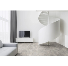 Helles Wohnzimmer mit Wendeltreppe, Fernseher und Sofa.