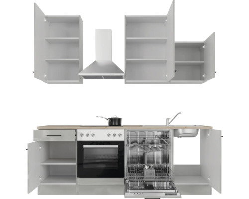 Moderne Küche mit Einbauschränken, Dunstabzugshaube, Herd, Spülmaschine und Spüle