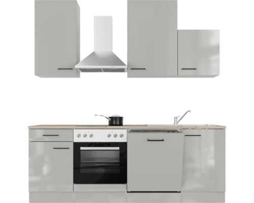 Komplette Küchenzeile mit Spüle, Kochfeld, Backofen, Dunstabzugshaube und Hängeschränken