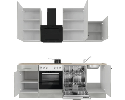 Küchenzeile mit Hängeschränken, Dunstabzugshaube, Herd, Spülmaschine und Spüle