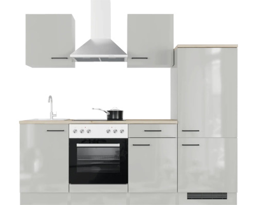 Küchenzeile mit Spüle, Kochfeld, Backofen, Dunstabzugshaube, Hängeschränken und Kühlschrank