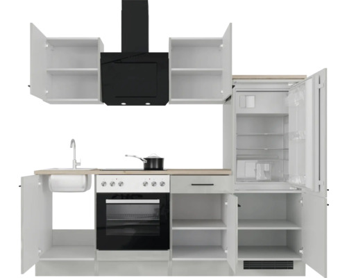 Komplette Küchenzeile mit Spüle, Herd, Dunstabzugshaube und Kühlschrank