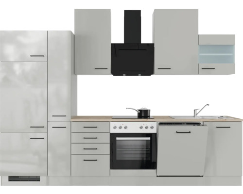 Moderne Küchenzeile mit Küchenschränken, Dunstabzugshaube, Herd und Spülmaschine