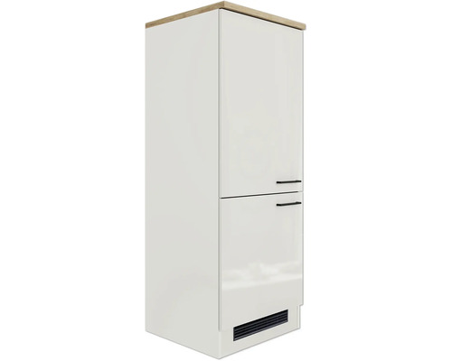 Hoher, weißer Küchenschrank mit Holzplatte