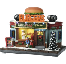 Dekorative Fast-Food-Bude mit Burger auf dem Dach, Figuren und Tannenbaum