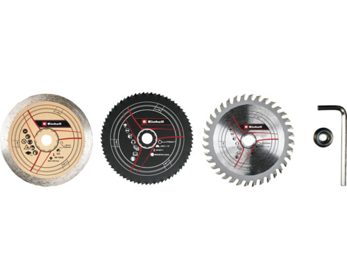 Mini-Kreissäge-Set Einhell Sägeblatt Ø 89 mm 5-tlg. Einhell Logo. Drei Sägeblätter, eine Mutter und ein Inbusschlüssel.