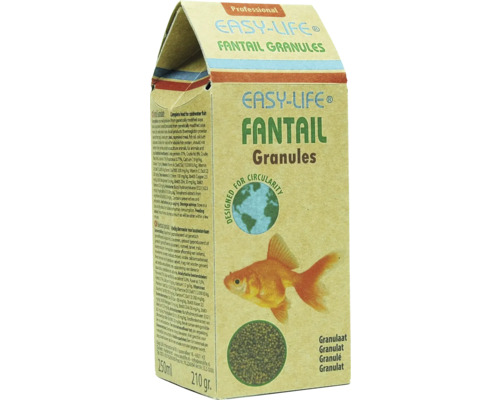 Flockenfutter Easy Life Schleierschwanz Granulat Hauptfutter für alle Schleierschwanz Goldfische , Verpackung aus 100 % Papier 250 ml Easy Life Goldfischgranulat in einer 250-ml-Packung