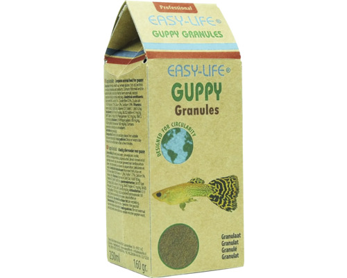 Flockenfutter Easy Life Guppy Granulat Hauptfutter für alle Guppy und lebendgebärende Fische , Verpackung aus 100 % Papier 250 ml Easy Life Guppy Granulat Tierfutter in einer 250-Milliliter-Packung