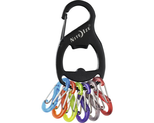 Nite Ize Logo mit Karabiner und Flaschenöffner mit kleinen Karabinern