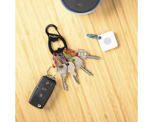 Schlüsselanhänger mit Schlüssel, Schlüsselanhänger und Gegenstandssuche auf einem Holztisch.