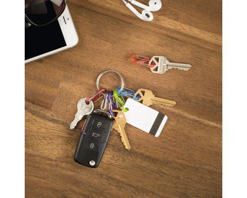 Schlüsselbund mit Autoschlüssel, Hausschlüsseln und Schlüsselanhänger auf einem Holztisch
