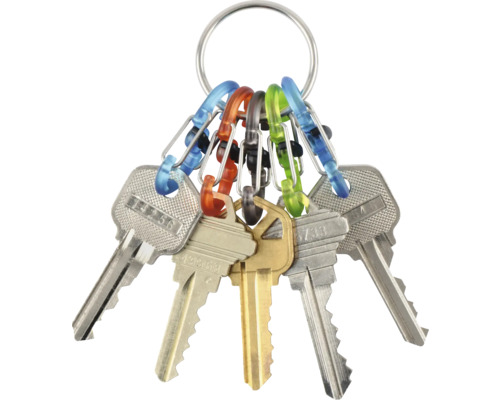 Schlüsselbund mit mehreren Schlüsseln und bunten Karabinern