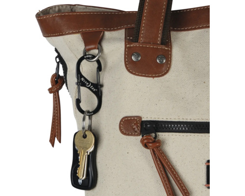Detailansicht einer Tasche mit Schlüsselanhänger und Schlüsseln.