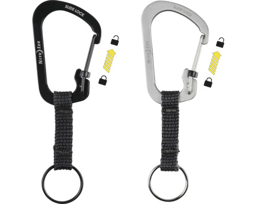 Zwei Karabinerhaken mit Schlüsselring und Schiebeverschluss