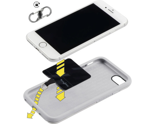 Smartphone mit Universal-Handykordel-Patch und Karabiner