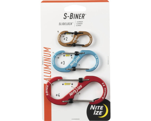 Drei S-Biner Karabiner aus Aluminium mit Schiebeverschluss in verschiedenen Größen