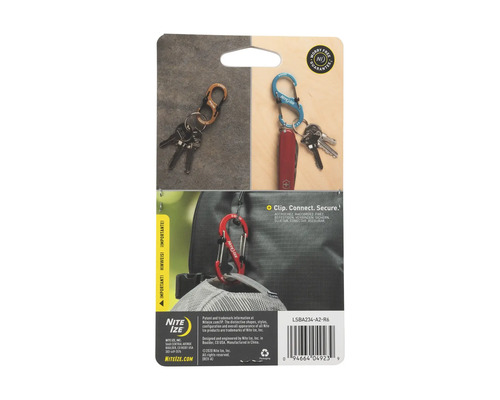Nite Ize S-Biner Karabiner in Verpackung mit Beispielen zur Anwendung