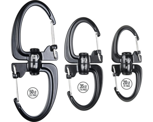 Drei Nite Ize S-Biner Slider Karabiner in verschiedenen Größen und mit unterschiedlichen Traglasten
