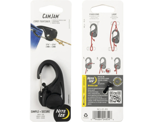 CamJam Kordelspanner mit Spannmechanismus und Gebrauchsanweisung auf der Verpackungsrückseite.