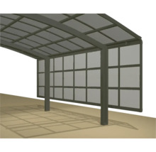 Überdachter Carport mit tragenden Säulen und transparenten Wänden