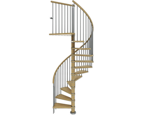Holzwendeltreppe mit Geländer aus Stahl