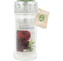 Gedenkkerze mit Rosenmotiv und dem Schriftzug ''In liebevoller Erinnerung''.
