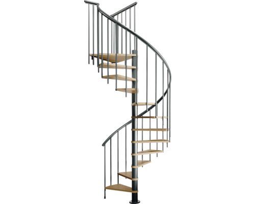 Spindeltreppe mit Metallgeländer und Holzstufen