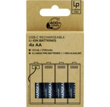 Verpackung mit vier wiederaufladbaren USB-C Lithium-Ionen Batterien des Typs AA