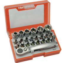 Steckschlüsselsatz mit Bits und Ratschenschlüssel in Kunststoffbox