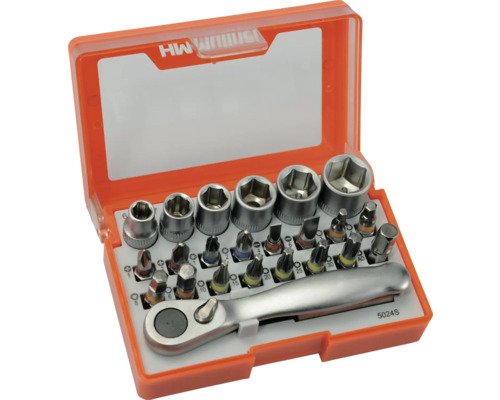 Bit-Einsatzkassette HM-Müllner 5024S, 1/4", 24-tlg. Steckschlüsselsatz mit Bits und Ratschenschlüssel in Kunststoffbox