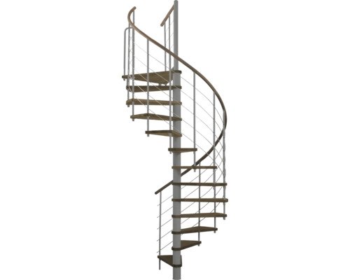 Wendeltreppe mit Holzstufen und Geländer aus Metall
