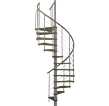 Wendeltreppe mit Holzstufen und Geländer aus Metall.