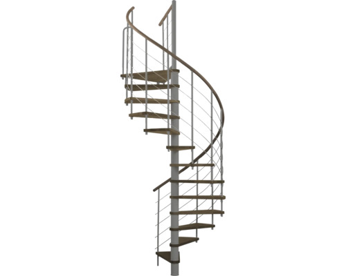 Wendeltreppe mit Holzstufen und Geländer aus Metall.