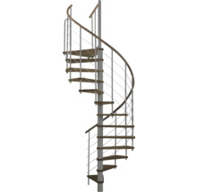 Wendeltreppe mit Holzstufen und Metallgeländer
