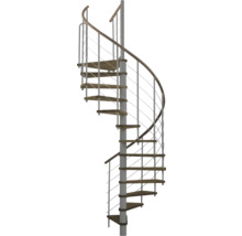 Wendeltreppe mit Holzstufen und Metallgeländer