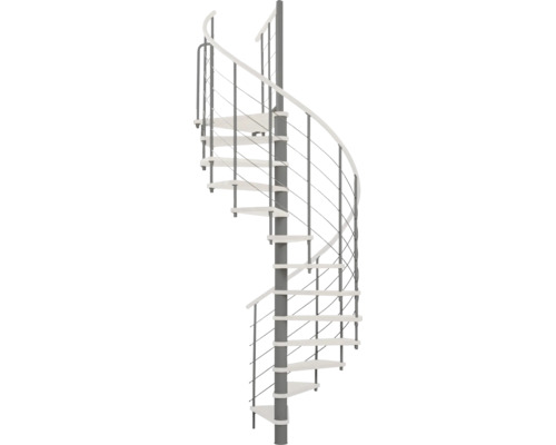 Pertura Spindeltreppe Skaia Buche massiv Ø 140 cm Weiß 12 Stufen 13 Steigungen Wendeltreppe mit Stahlseilgeländer und Mittelholmtreppe
