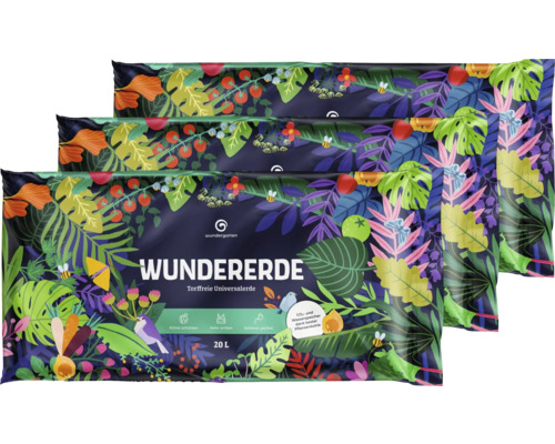 Wundererde 3x20 L torffreie Universalerde mit Pflanzenkohle Drei Säcke Universalerde in torffreier Qualität mit Pflanzenmotiven.