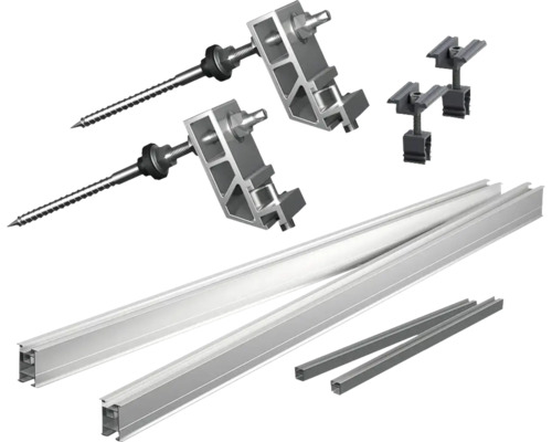Montageset für Solaranlagen mit Schienen, Dachhaken und Klemmen
