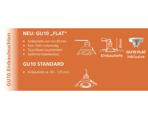 GU10 Einbauleuchten mit Informationen zu Einbautiefe und Eigenschaften