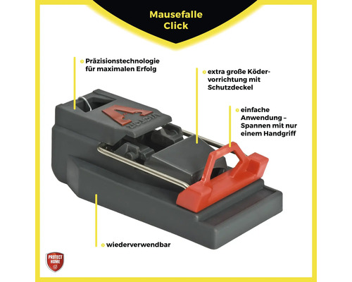 Click mouse trap with bait container and precision technology.