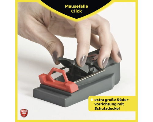 Eine Hand spannt eine Mausefalle.