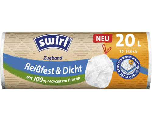 Swirl Zugbandmüllbeutel 20L, 15 Beutel Swirl Müllbeutel mit Zugband, 20 Liter Fassungsvermögen, 15 Stück, reißfest und dicht, hergestellt aus 100 Prozent recyceltem Plastik.
