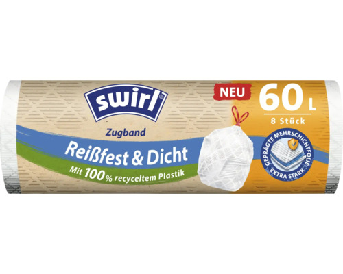 Swirl Zugbandmüllbeutel 60L, 8 Beutel Swirl Müllsäcke mit Zugband, 60 Liter Fassungsvermögen, 8 Stück Packung, aus 100 Prozent recyceltem Kunststoff