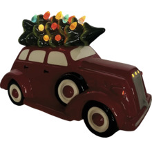 Dekorative rote Auto-Figur mit Weihnachtsbaum und Lichtern