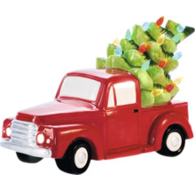 Dekoration: Rotes Pickup-Auto mit Weihnachtsbaum