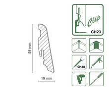 Darstellung eines Sockelleistenprofils mit den Maßen 58 x 19 Millimeter und Symbole für die Montage.