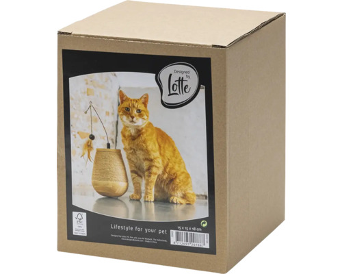 Kartonverpackung mit Abbildung eines Katzenspielzeugs und einer Katze