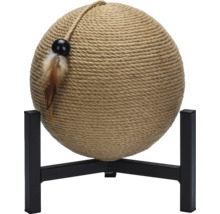 Katzenkratzball mit Feder an einem Metallgestell